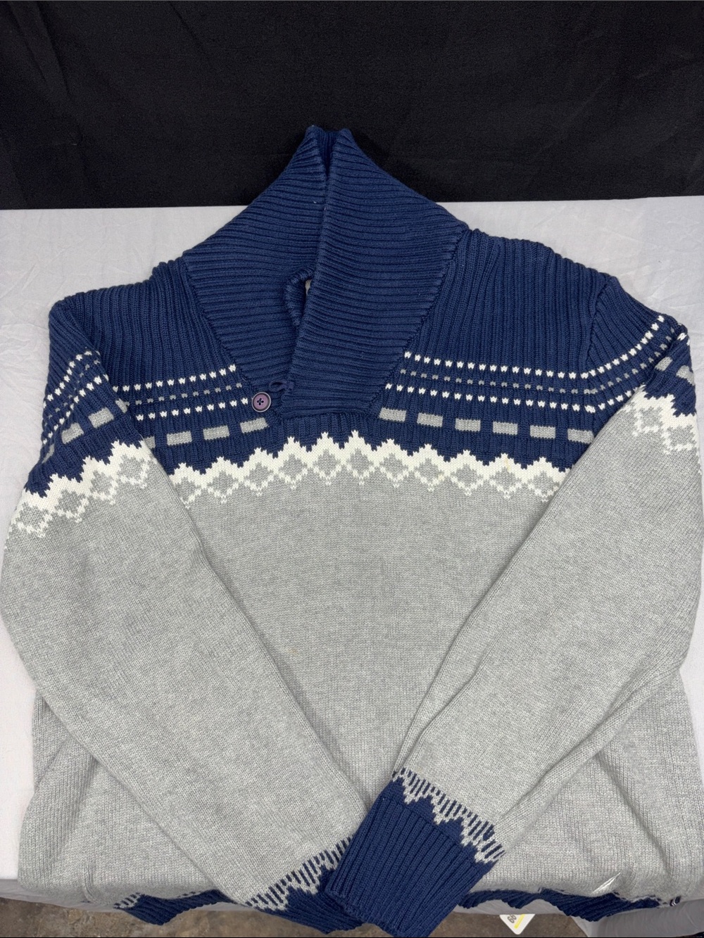 Nautica V-Neck Fair Isle Sweater in Navy, Light Gray & White